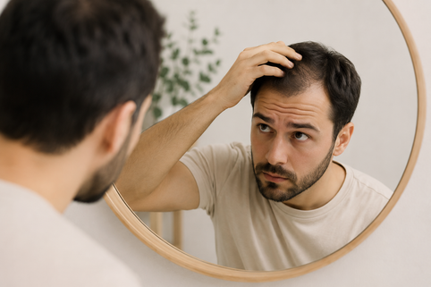 Paciente observando caída temporal del cabello tras un injerto capilar durante la fase de shock loss