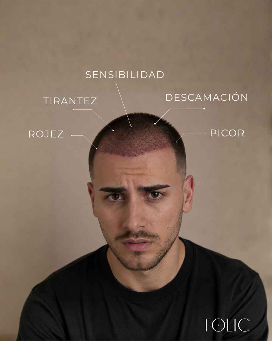Síntomas habituales tras un injerto capilar: rojez, picor, tirantez, descamación y sensibilidad del cuero cabelludo.